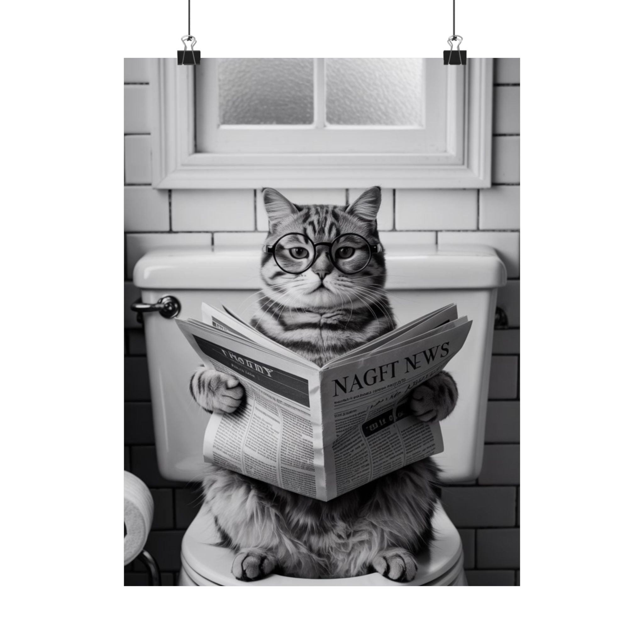 Digital download Cat Reading Newspaper Poster — Funny Black & White Matte Vertical Wall Art