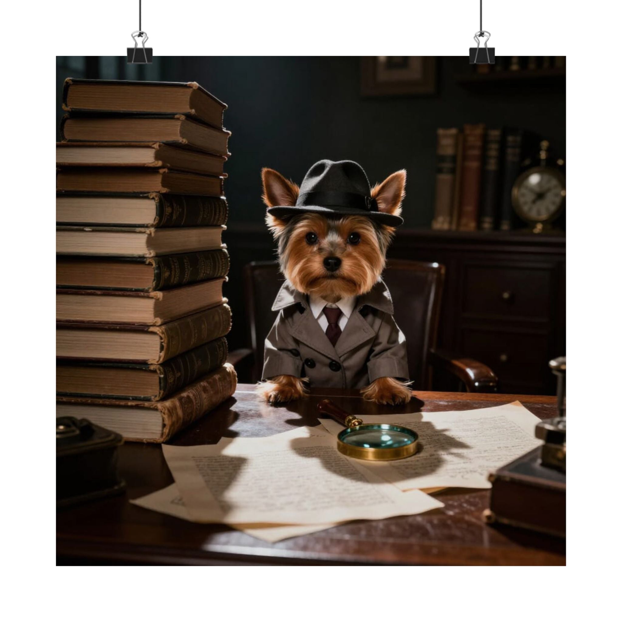 Detective Yorkie Poster — Cute Dog in Trench Coat Matte Vertical Art