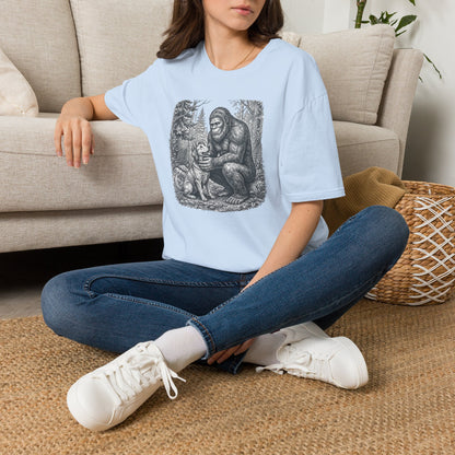Bigfoot & Dog Graphic T-Shirt — Retro Wilderness Sasquatch Design
