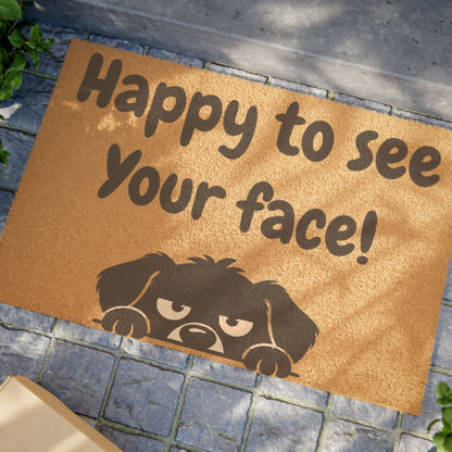 Doormat — "Happy to See Your Face" Funny Welcome Mat with Peeking Dog