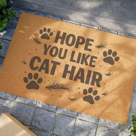 Felpudo de bienvenida con forma de pata de gato, "Espero que te guste el pelo de gato".