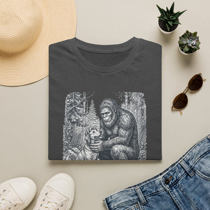 Bigfoot & Dog Graphic T-Shirt — Retro Wilderness Sasquatch Design