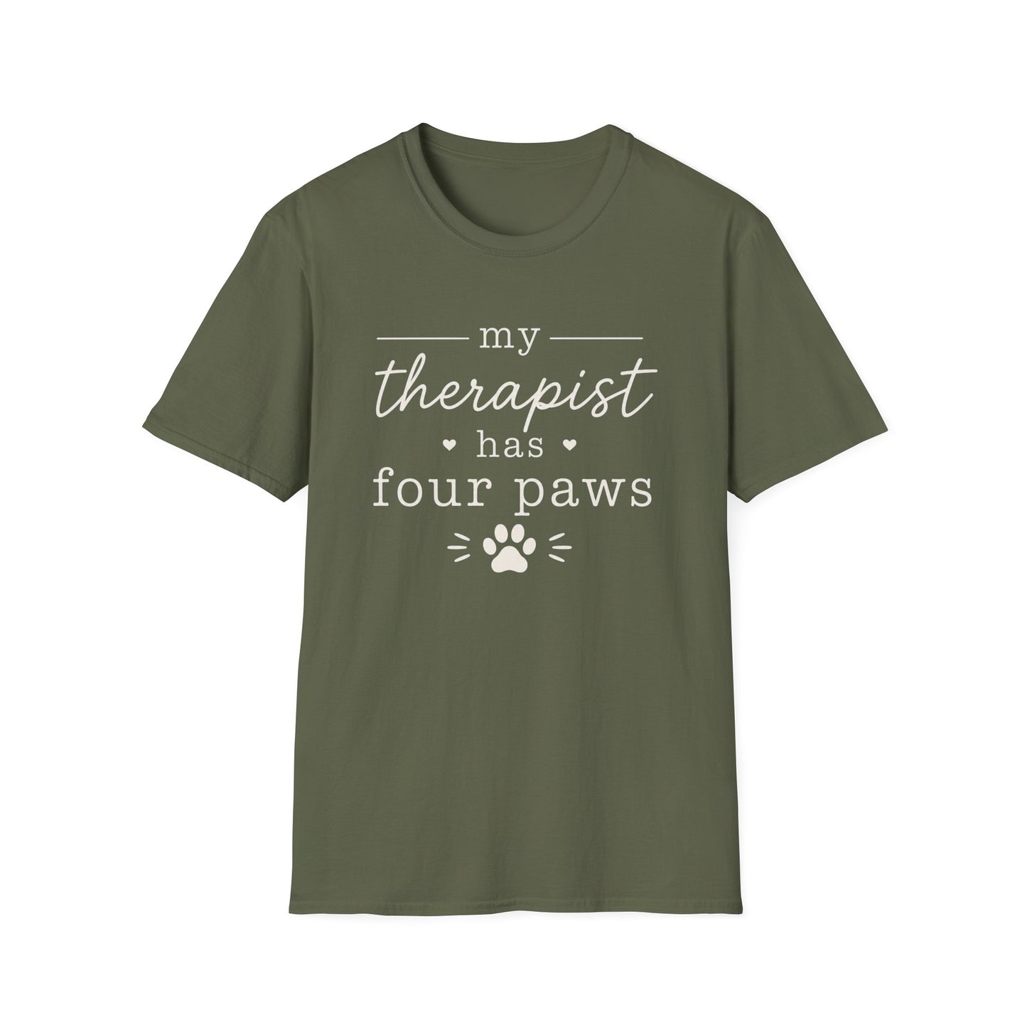 Pet Lover T-Shirt — "My Therapist Has Four Paws" Cute Dog & Cat Therapy Tee