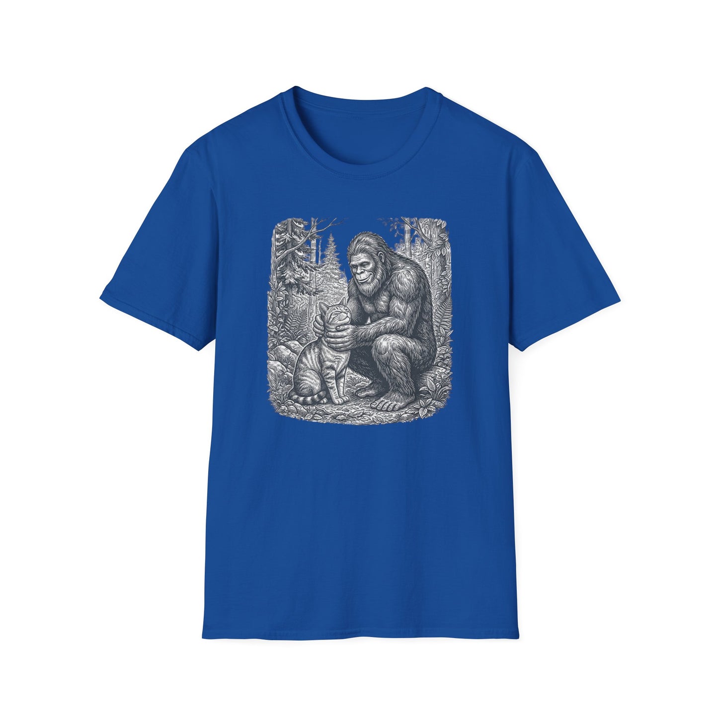Bigfoot & Cat T-Shirt — Vintage Sasquatch Forest Illustration