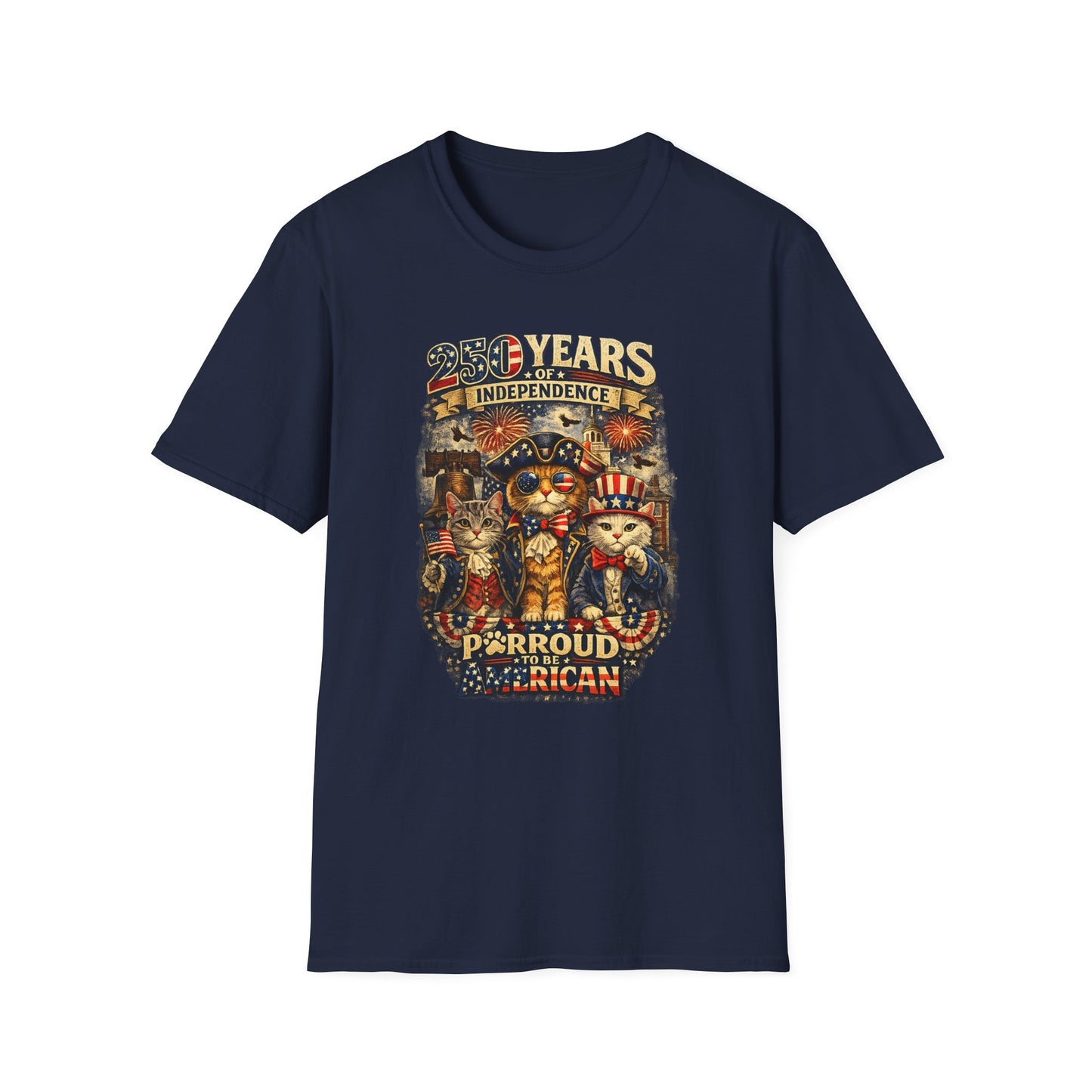 T-Shirt — "250 Years of Independence" Patriotic Cat Fourth of July Tee