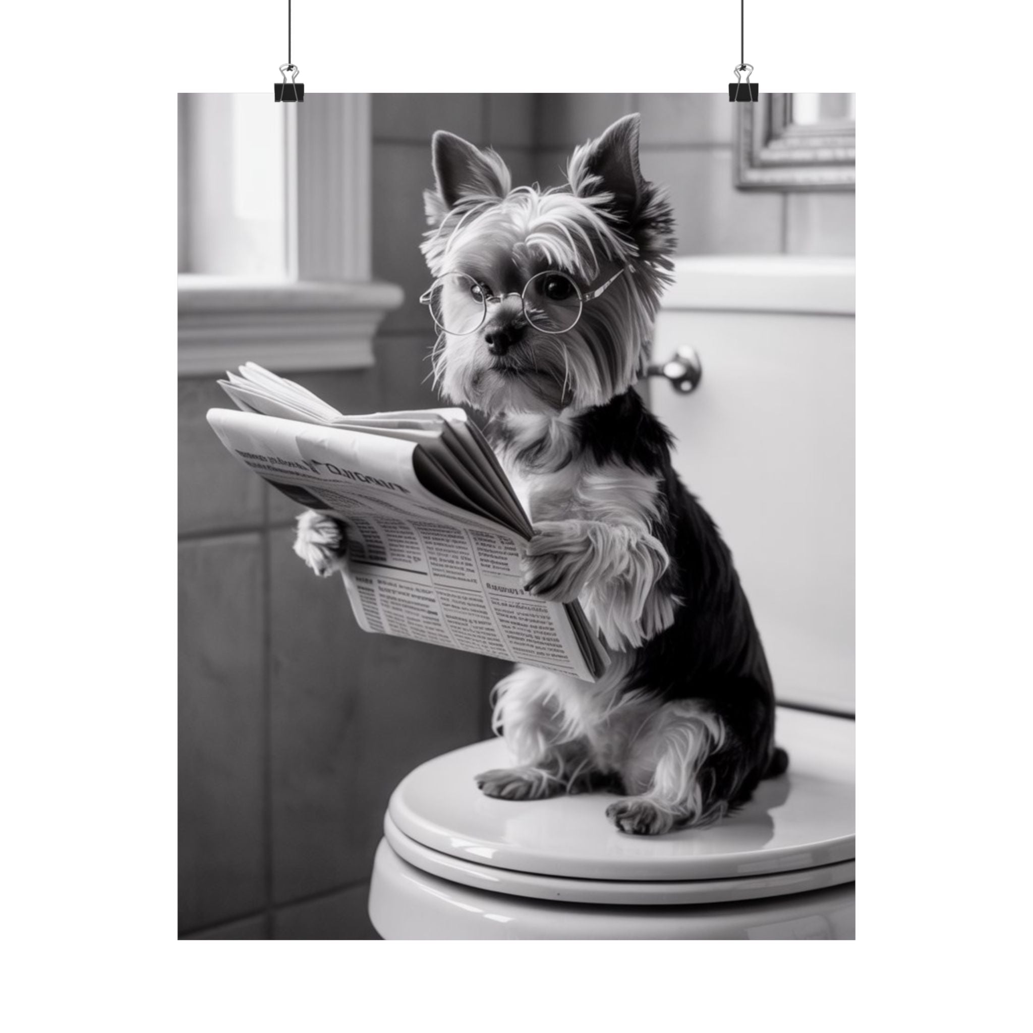 Digital download Funny Yorkie Reading Newspaper Poster — Matte Vertical Dog Wall Art
