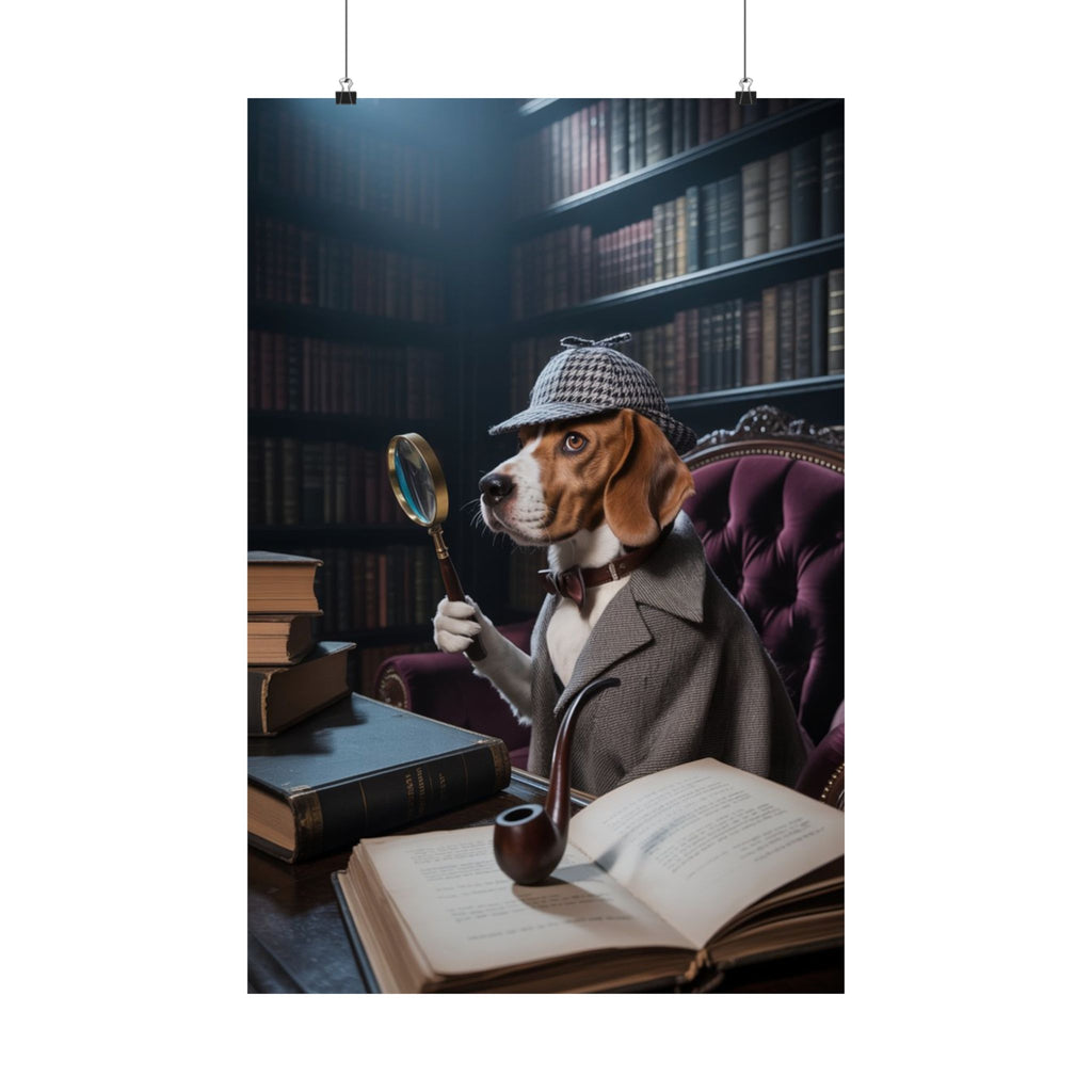 Póster mate de Detective Beagle — Arte mural vintage de perro de biblioteca