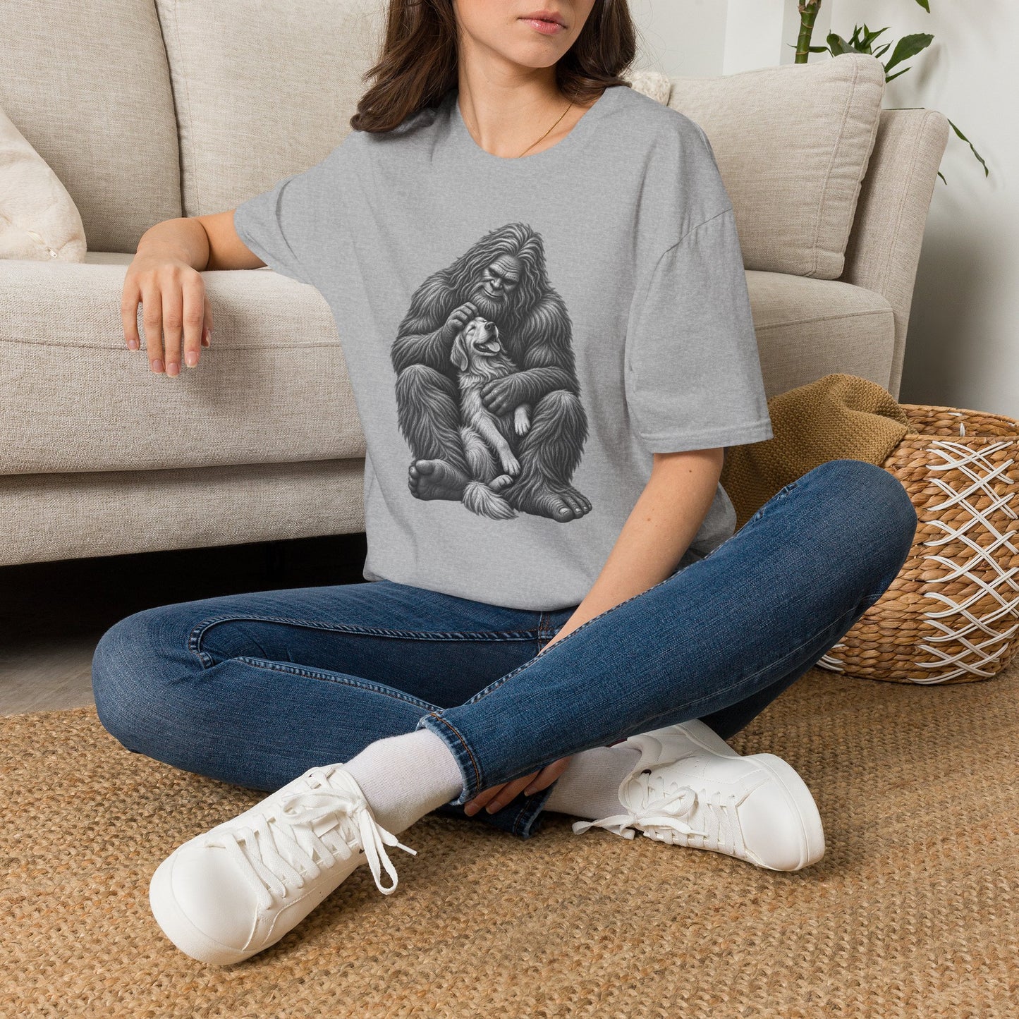 Bigfoot & Puppy Tee — Gentle Sasquatch Holding Dog Graphic T-Shirt