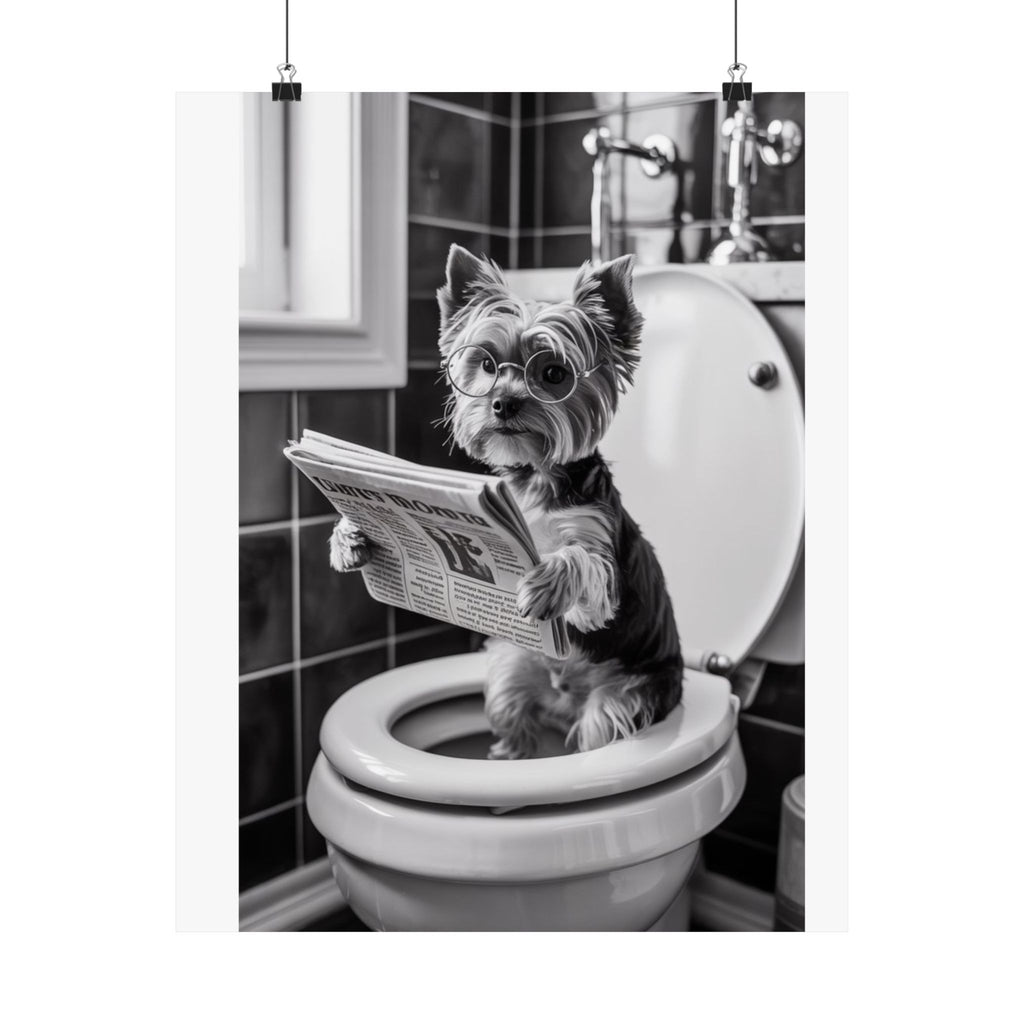 Funny Yorkie Bathroom Poster — Black & White Matte Vertical Dog Wall Art