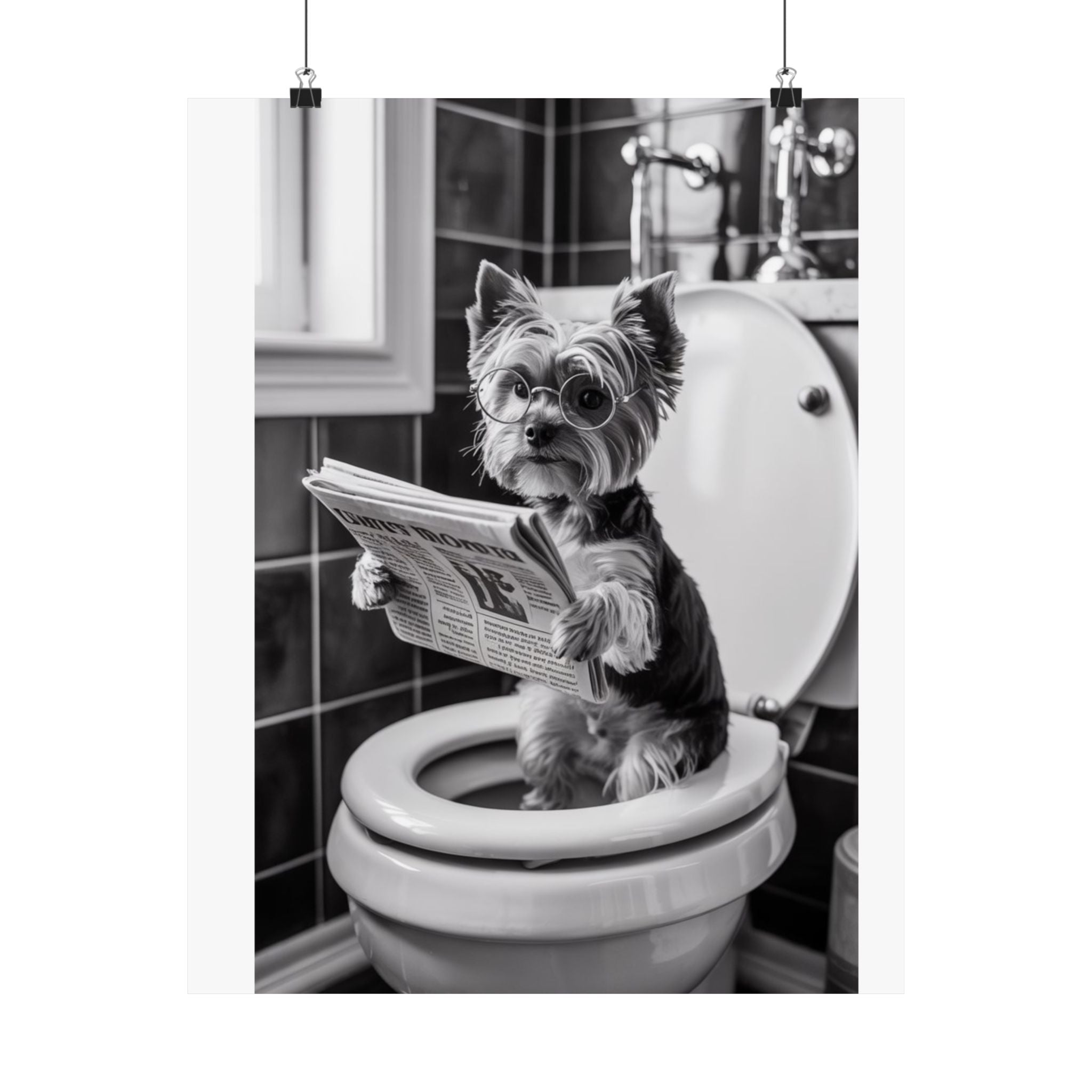 Digital download Funny Yorkie Bathroom Poster — Black & White Matte Vertical Dog Wall Art