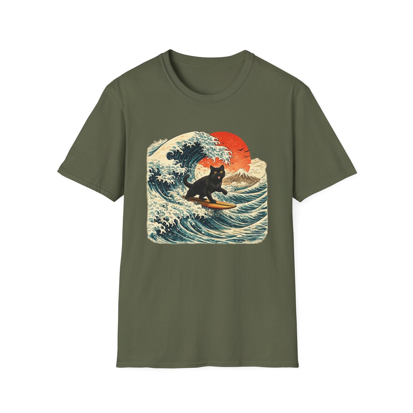 Camiseta Surfing Cat — Camiseta con gráfico de atardecer estilo japonés con olas retro