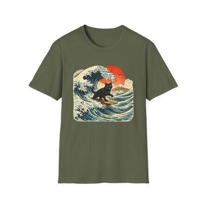 Camiseta Surfing Cat — Camiseta con gráfico de atardecer estilo japonés con olas retro