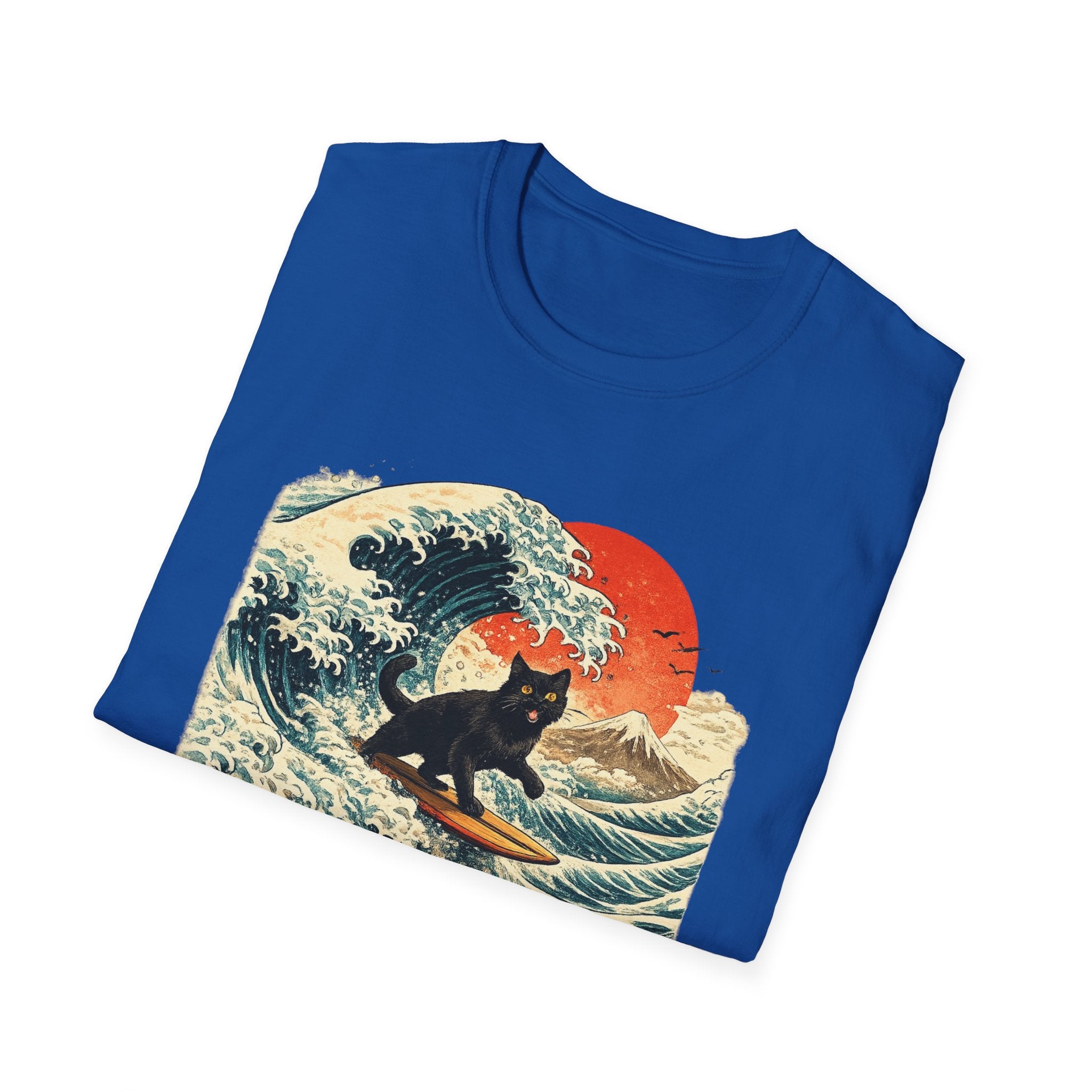 Camiseta Surfing Cat — Camiseta con gráfico de atardecer estilo japonés con olas retro