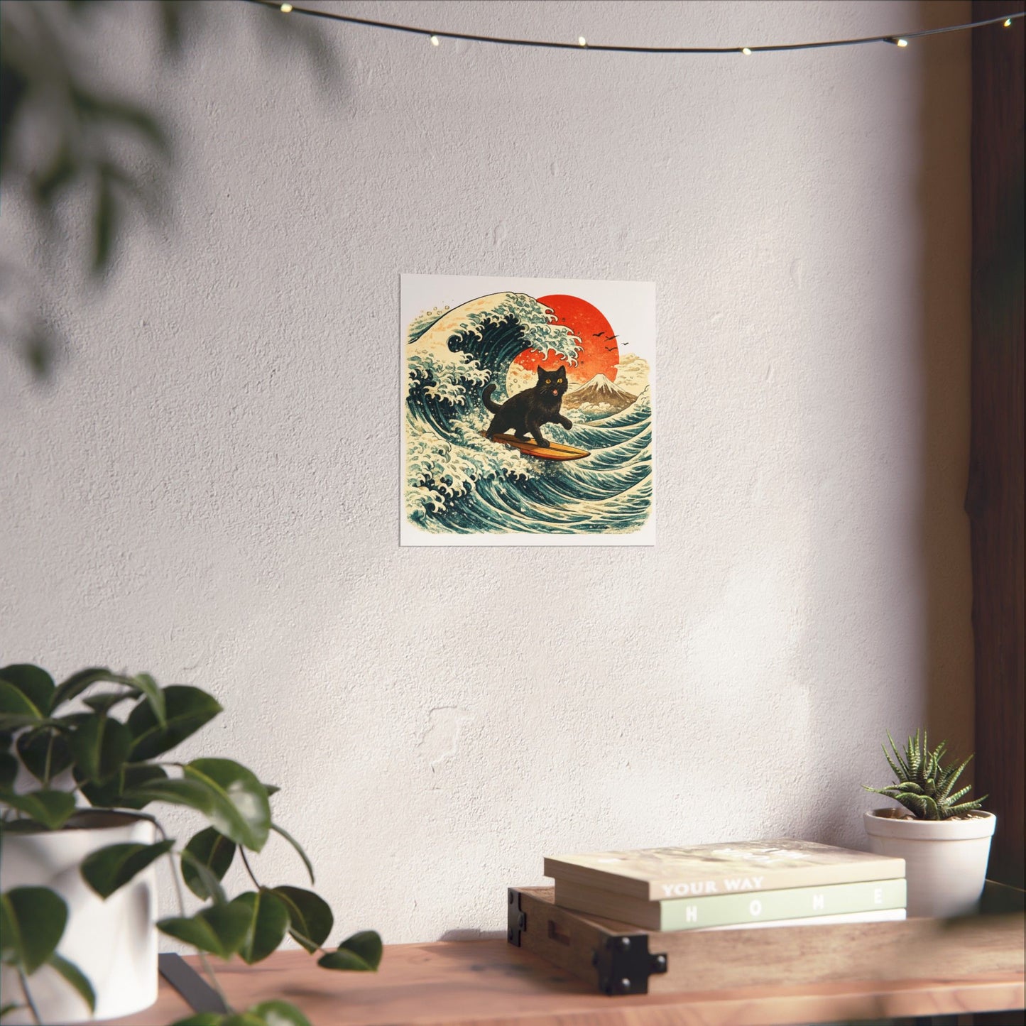 Surfing Black Cat Poster — Vintage Japanese Wave Art Print