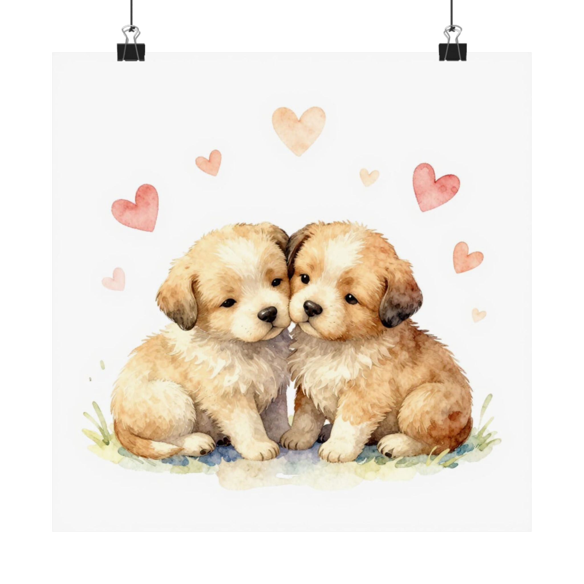 Puppy Love Matte Poster — Watercolor Puppies with Hearts
