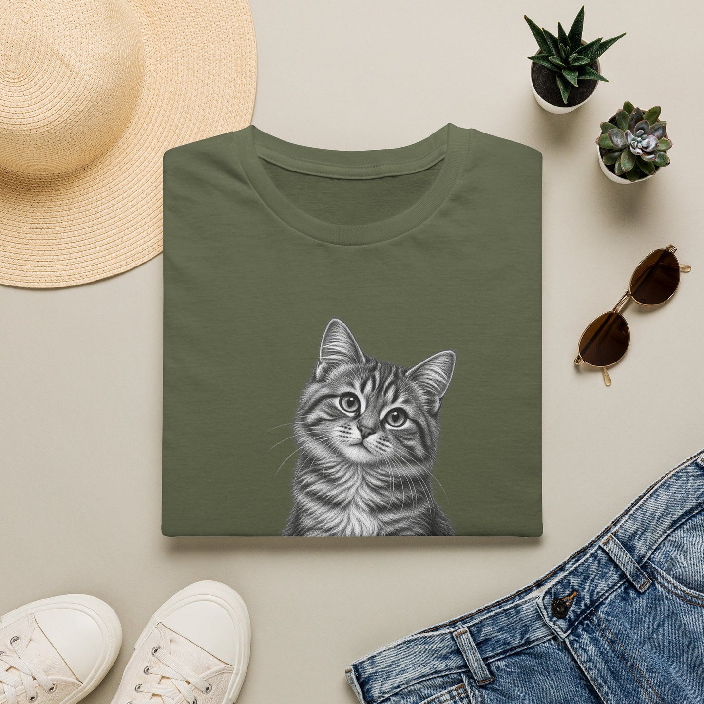 Cat Portrait T-Shirt — Realistic Gray Tabby Kitten Tee