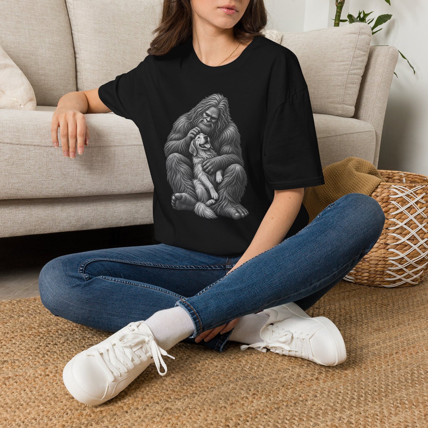 Bigfoot & Puppy Tee — Gentle Sasquatch Holding Dog Graphic T-Shirt