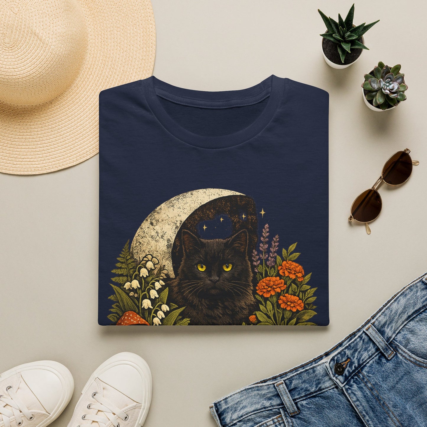 Garden Witch's Companion Cat T-Shirt — Moon, Marigold & Lily of the Valley Graphic Tee