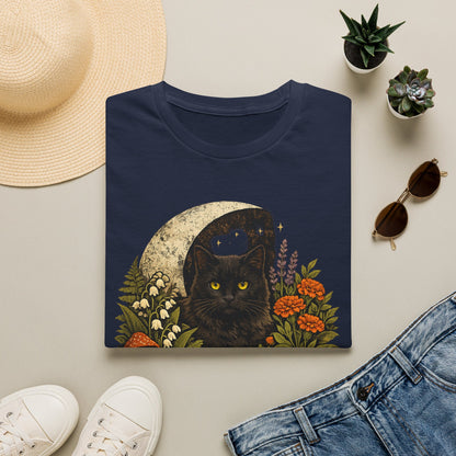 Garden Witch's Companion Cat T-Shirt — Moon, Marigold & Lily of the Valley Graphic Tee