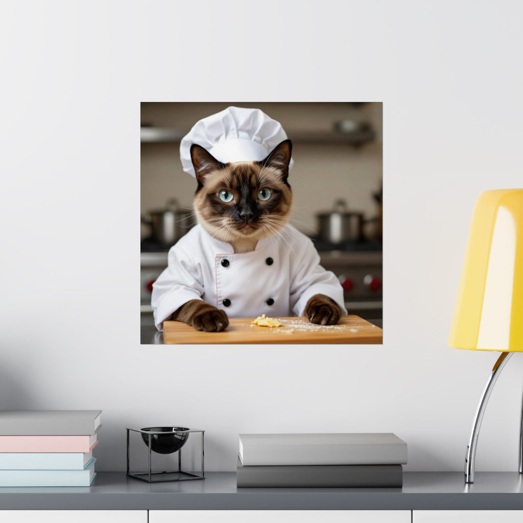 Póster de gato chef: adorable gato siamés con traje de chef, arte mural vertical mate