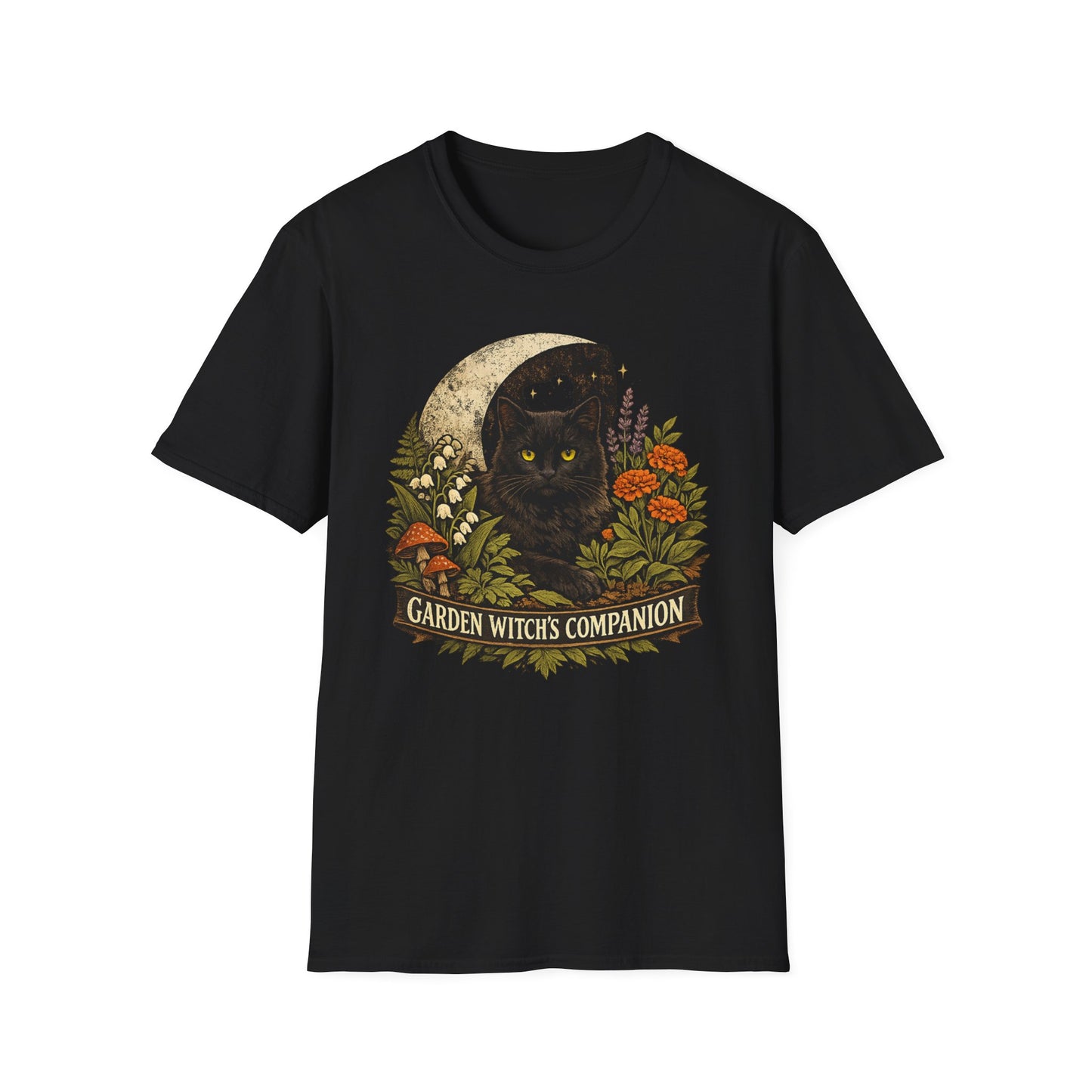 Garden Witch's Companion Cat T-Shirt — Moon, Marigold & Lily of the Valley Graphic Tee