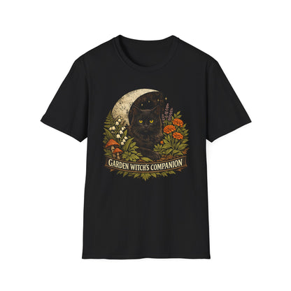 Garden Witch's Companion Cat T-Shirt — Moon, Marigold & Lily of the Valley Graphic Tee