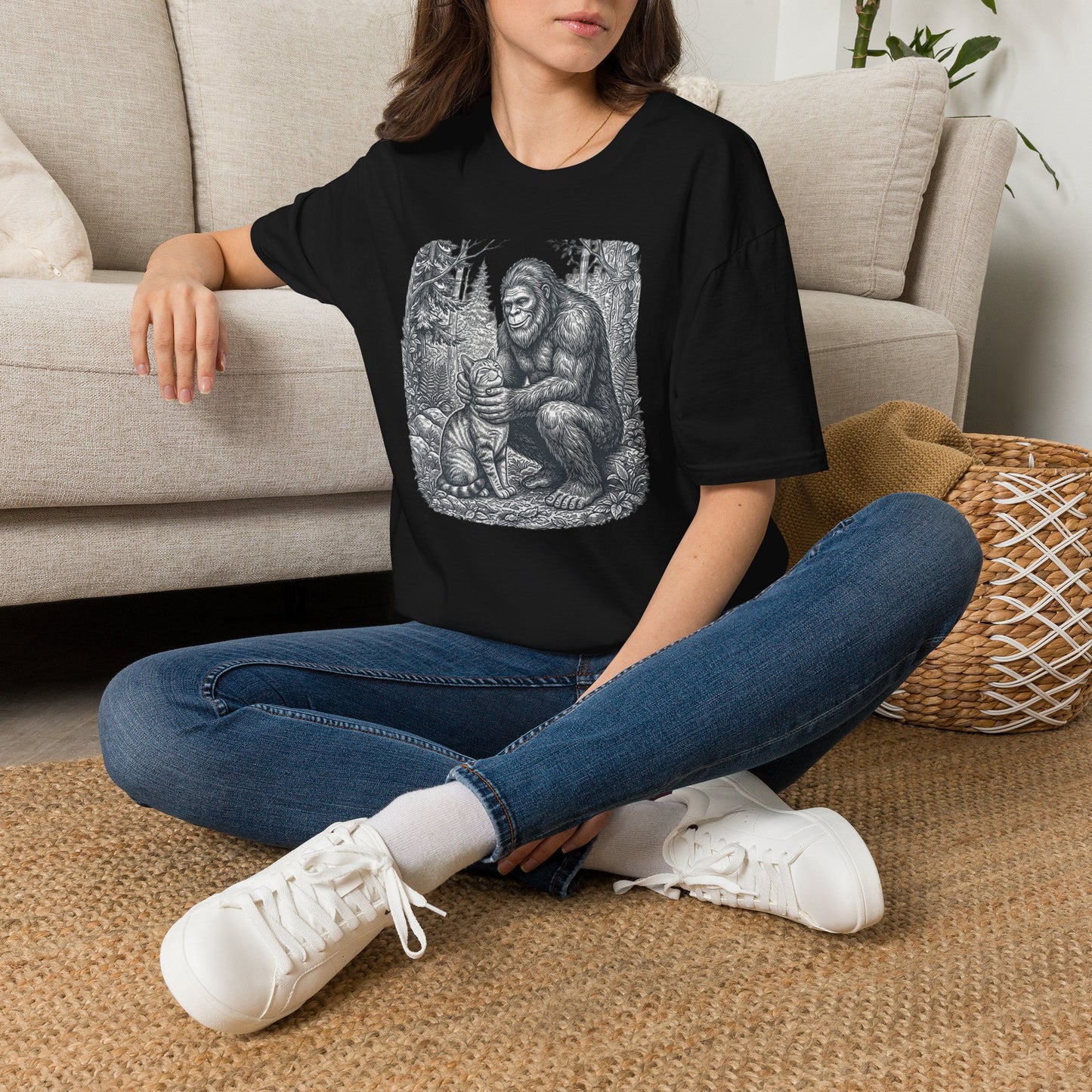 Bigfoot & Cat T-Shirt — Vintage Sasquatch Forest Illustration