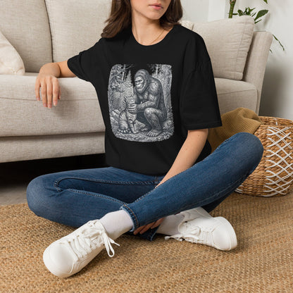 Bigfoot & Cat T-Shirt — Vintage Sasquatch Forest Illustration
