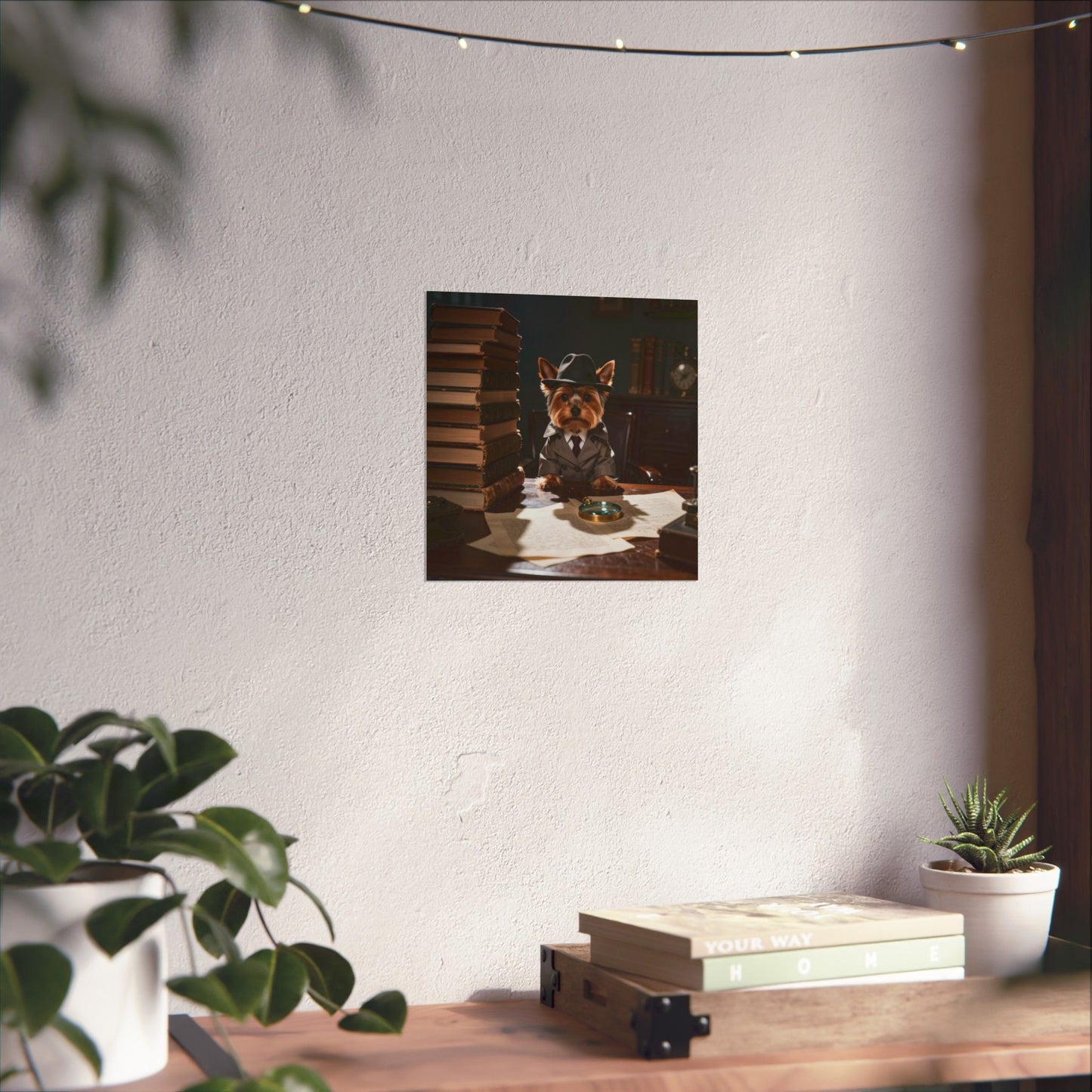Detective Yorkie Poster — Cute Dog in Trench Coat Matte Vertical Art