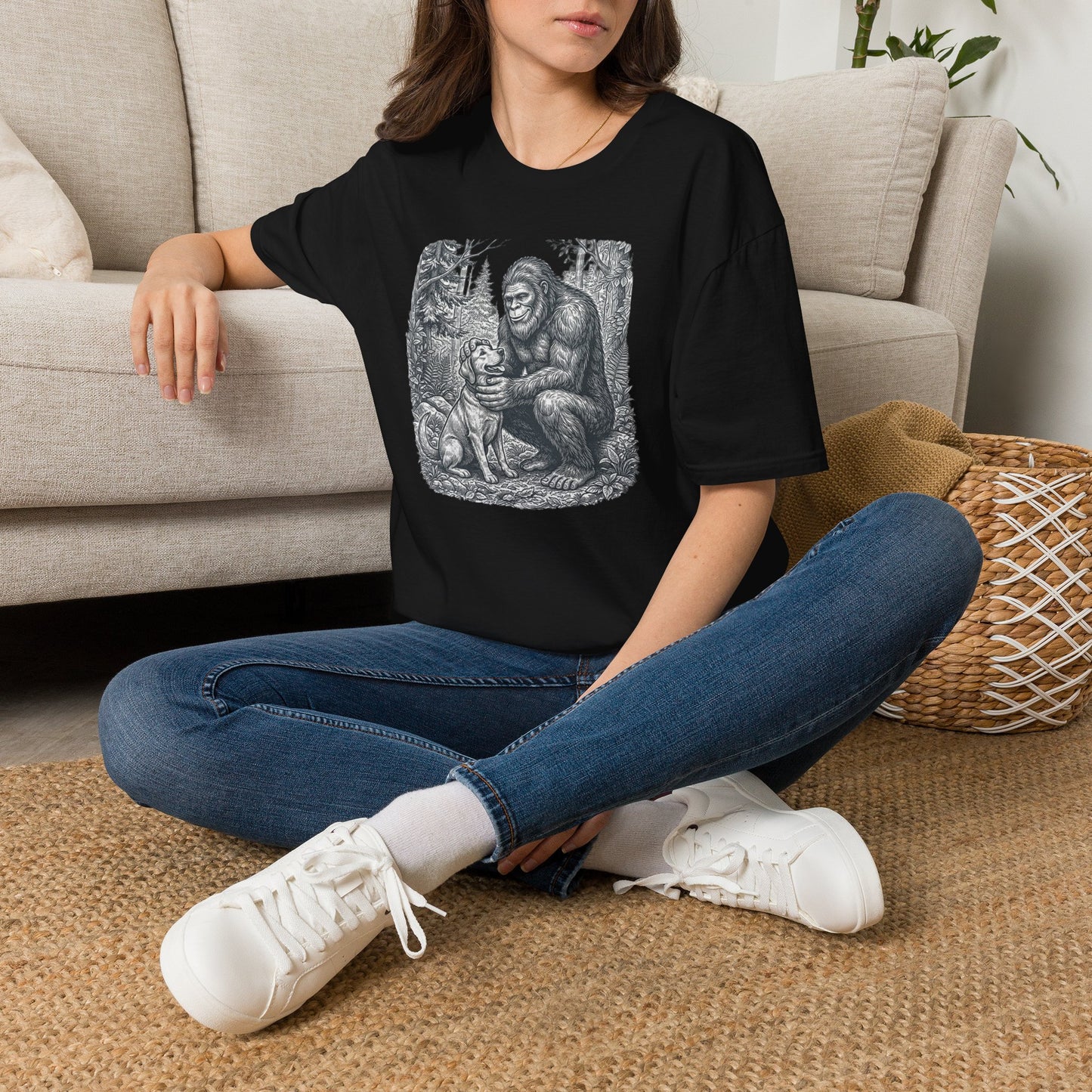 Bigfoot & Dog Graphic T-Shirt — Retro Wilderness Sasquatch Design