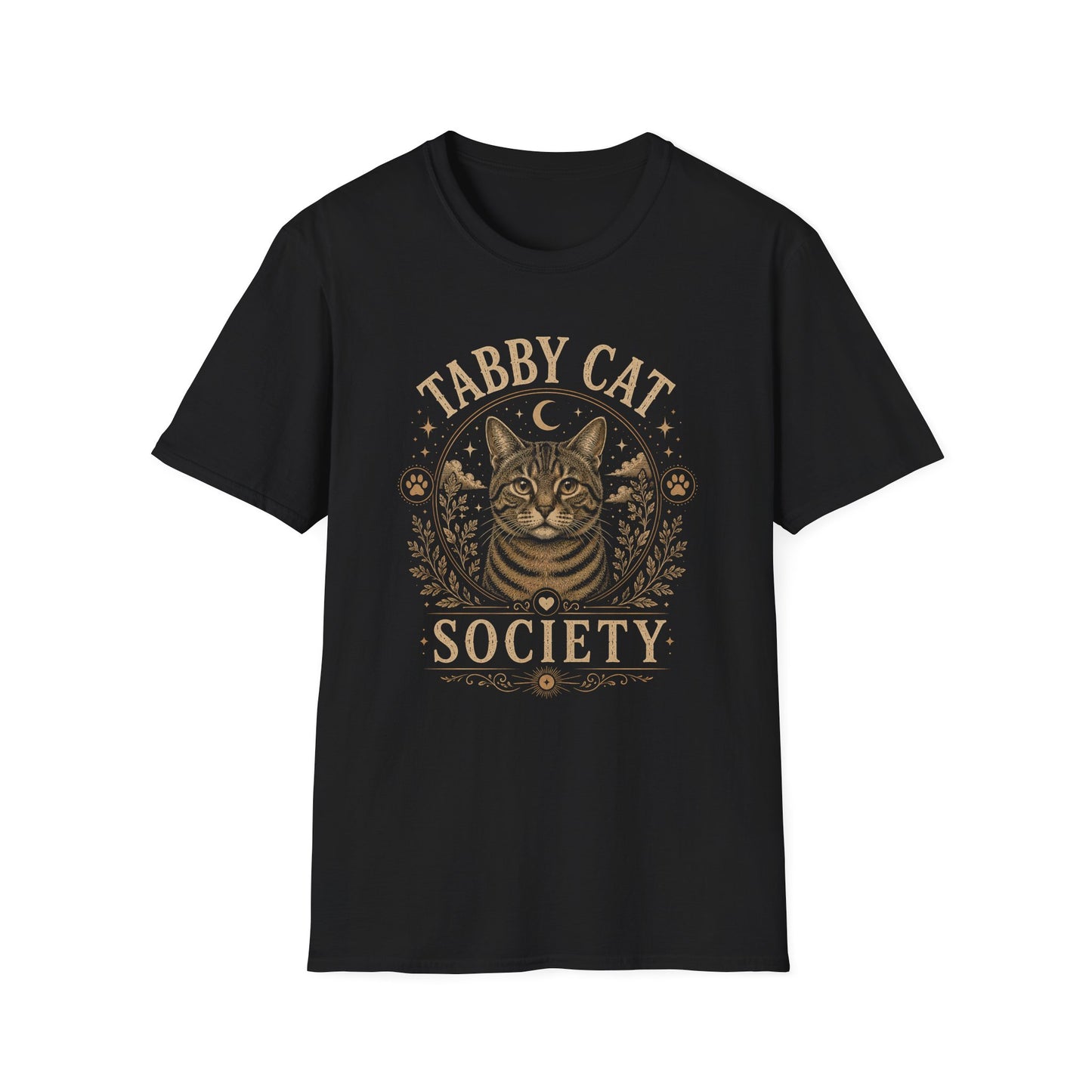 Tabby Cat Society T-Shirt — Vintage Moon & Paw Graphic Cat Lover Tee