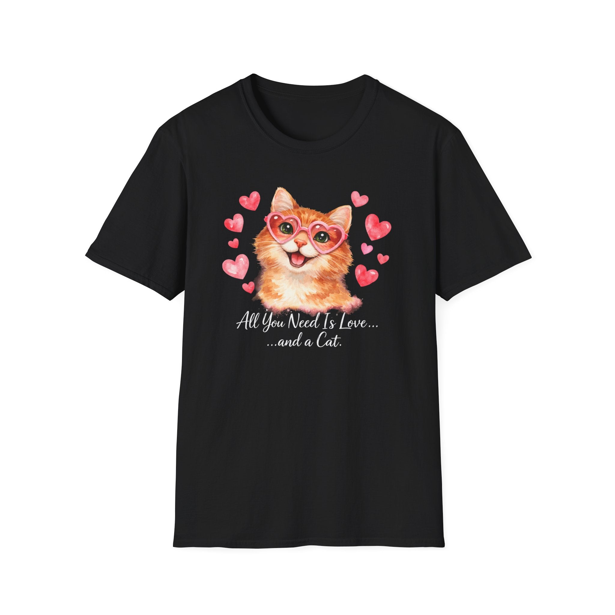 Todo lo que necesitas es amor... y una camiseta de gato — Linda camiseta de gatito con gafas de sol y corazón