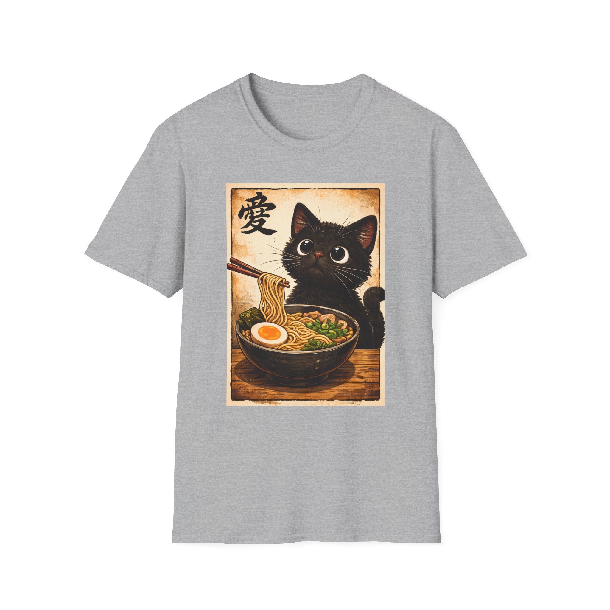 Camiseta de gato ramen: un adorable gato negro comiendo ramen, personaje vintage japonés de amor.