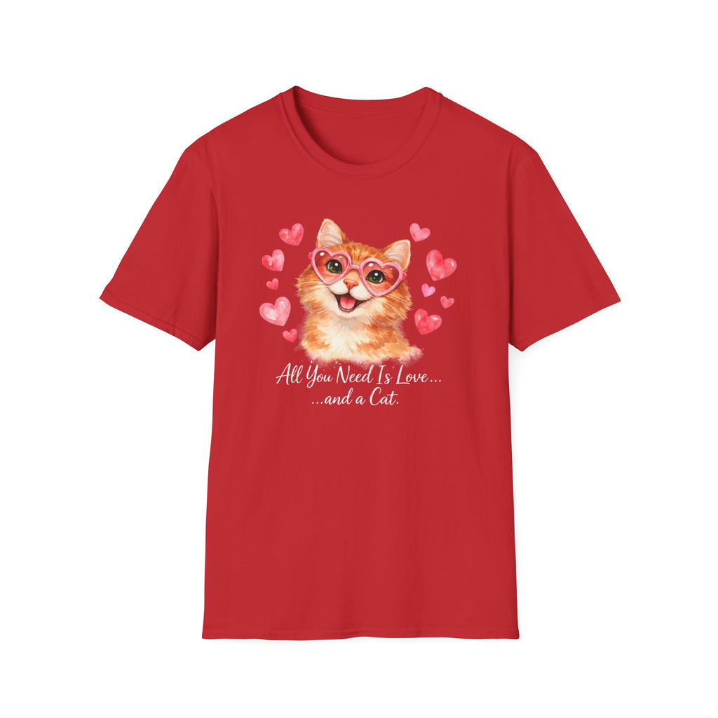 Todo lo que necesitas es amor... y una camiseta de gato — Linda camiseta de gatito con gafas de sol y corazón