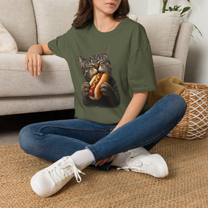 Cat Eating Hot Dog T-Shirt — Funny Cute Cat Graphic Tee