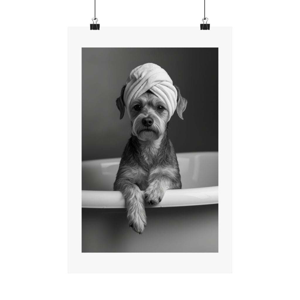 Spa Pup Matte Vertical Poster — Black & White Dog in Bathtub Print