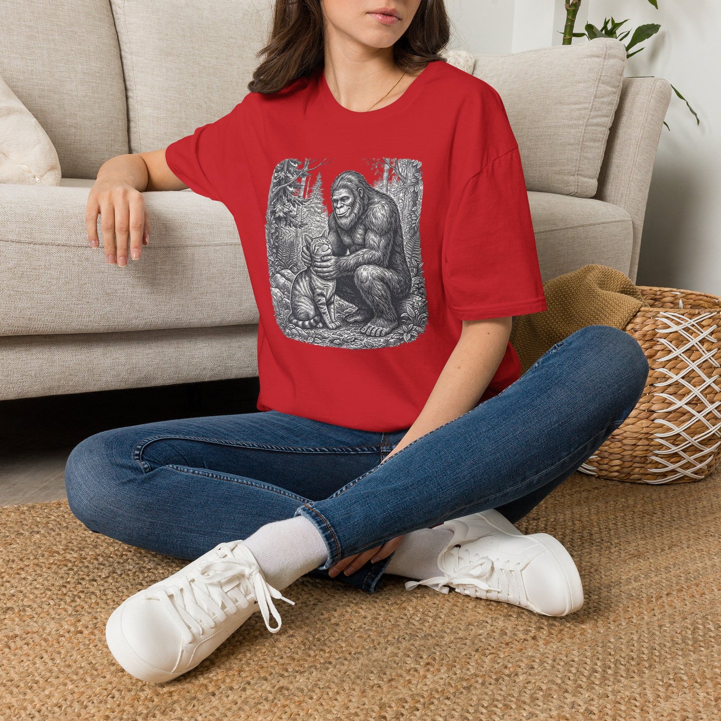 Bigfoot & Cat T-Shirt — Vintage Sasquatch Forest Illustration