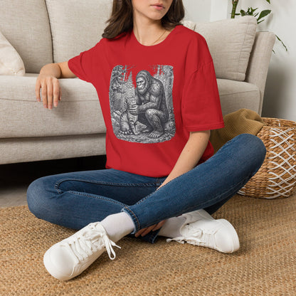 Bigfoot & Cat T-Shirt — Vintage Sasquatch Forest Illustration