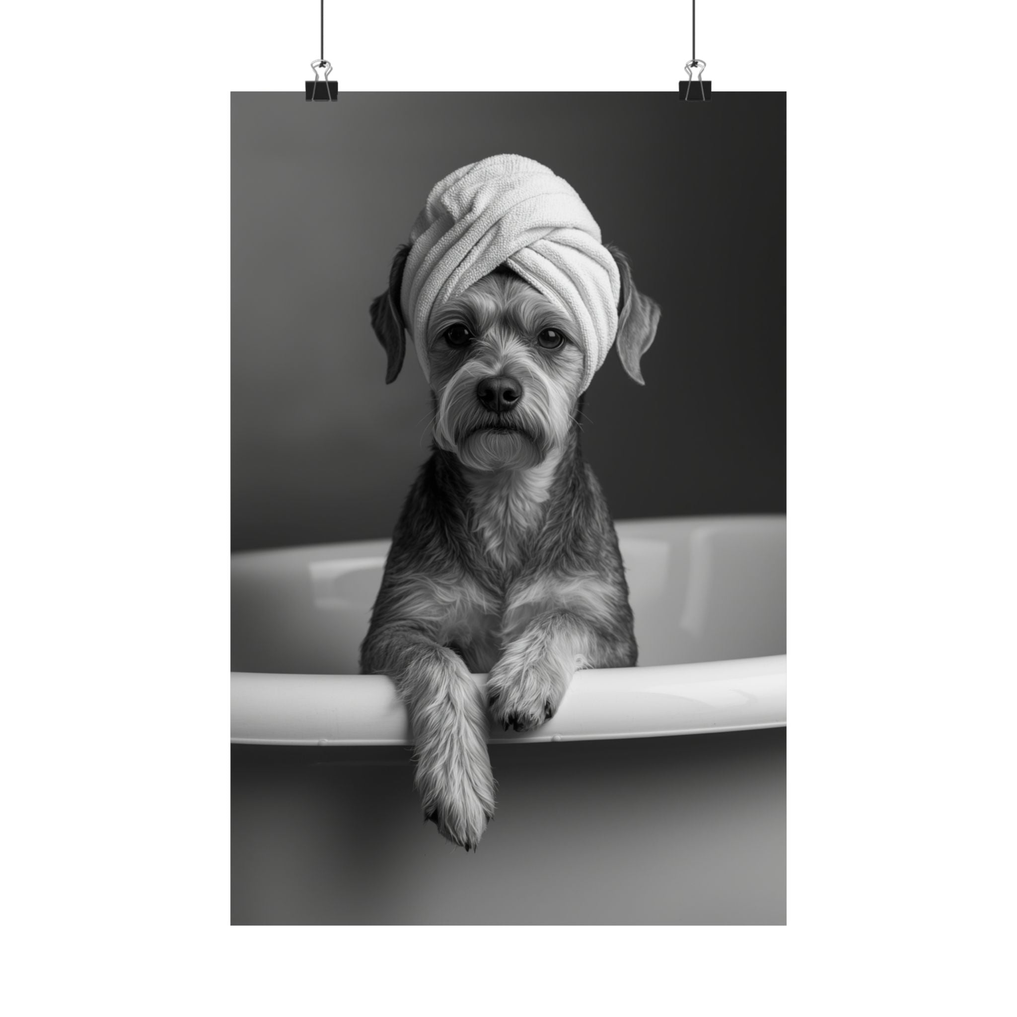 Digital download Spa Pup Matte Vertical Poster — Black & White Dog in Bathtub Print