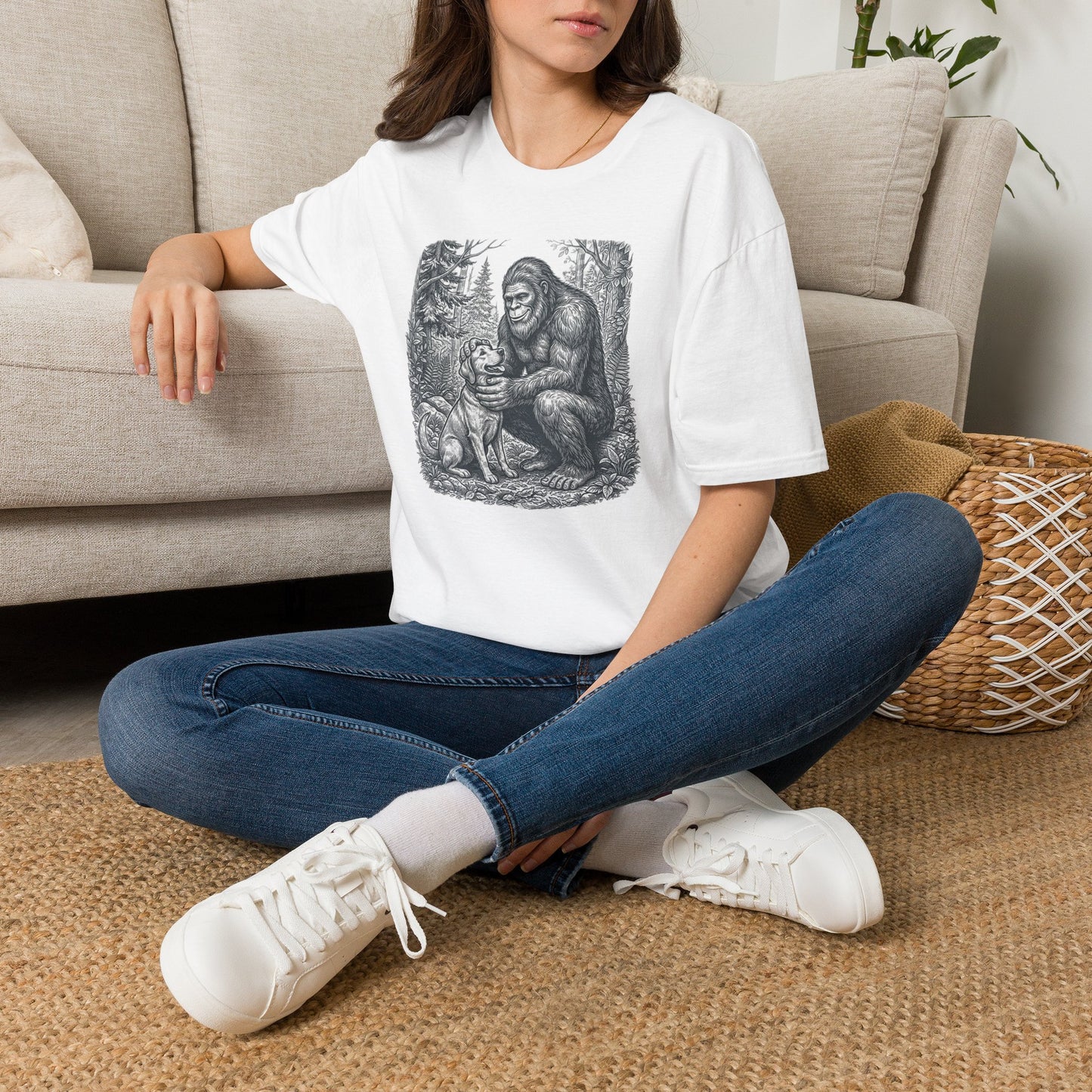 Bigfoot & Dog Graphic T-Shirt — Retro Wilderness Sasquatch Design