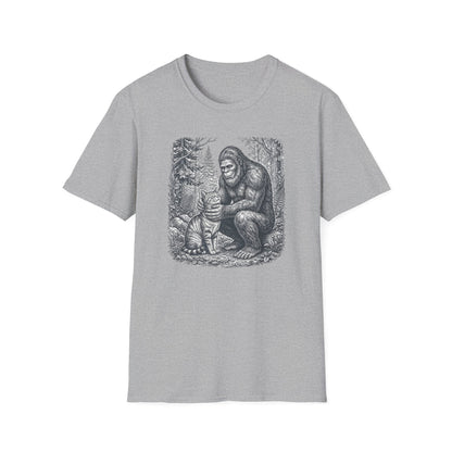 Bigfoot & Cat T-Shirt — Vintage Sasquatch Forest Illustration
