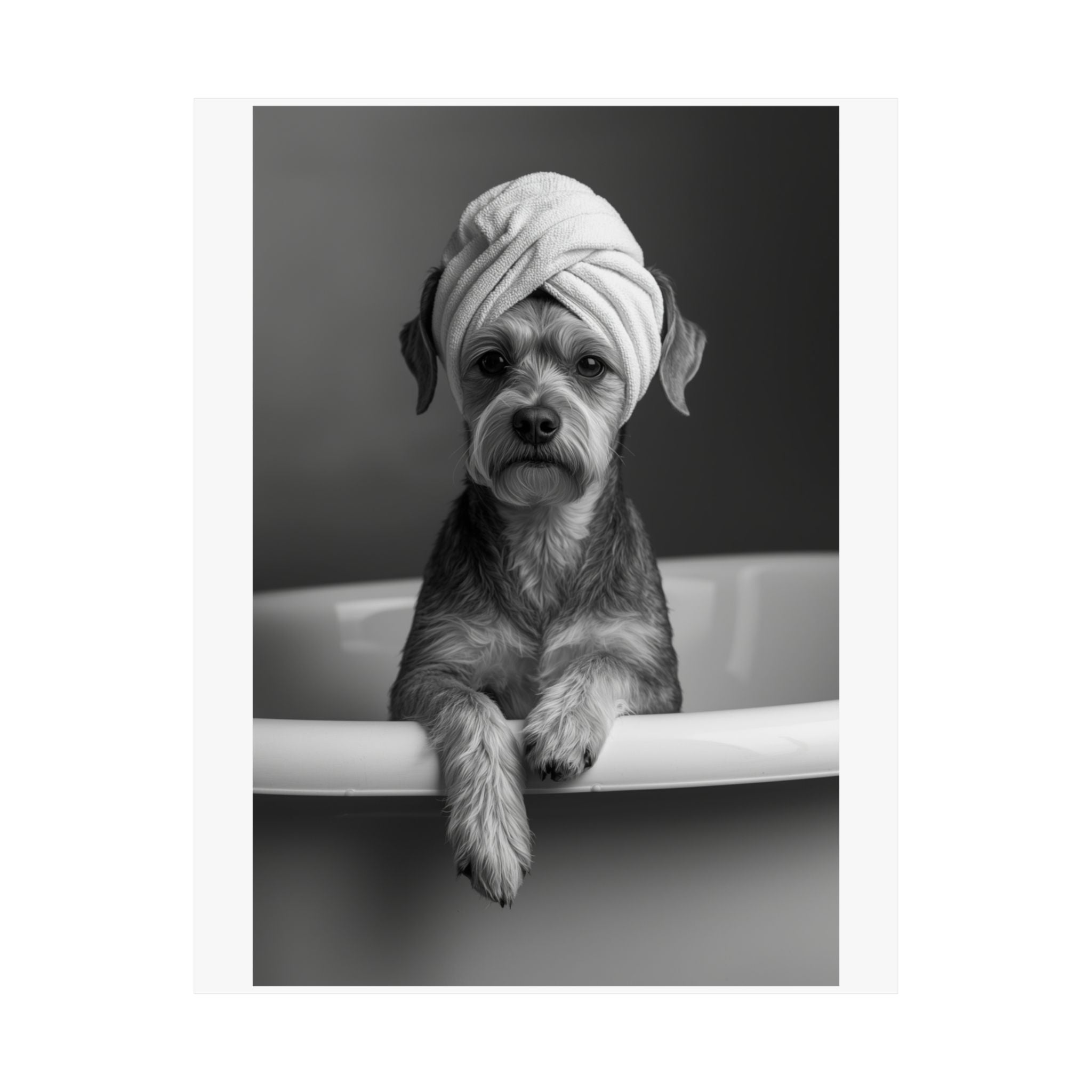 Spa Pup Matte Vertical Poster — Black & White Dog in Bathtub Print