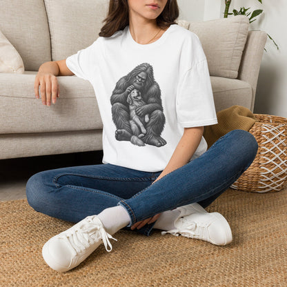 Bigfoot & Puppy Tee — Gentle Sasquatch Holding Dog Graphic T-Shirt
