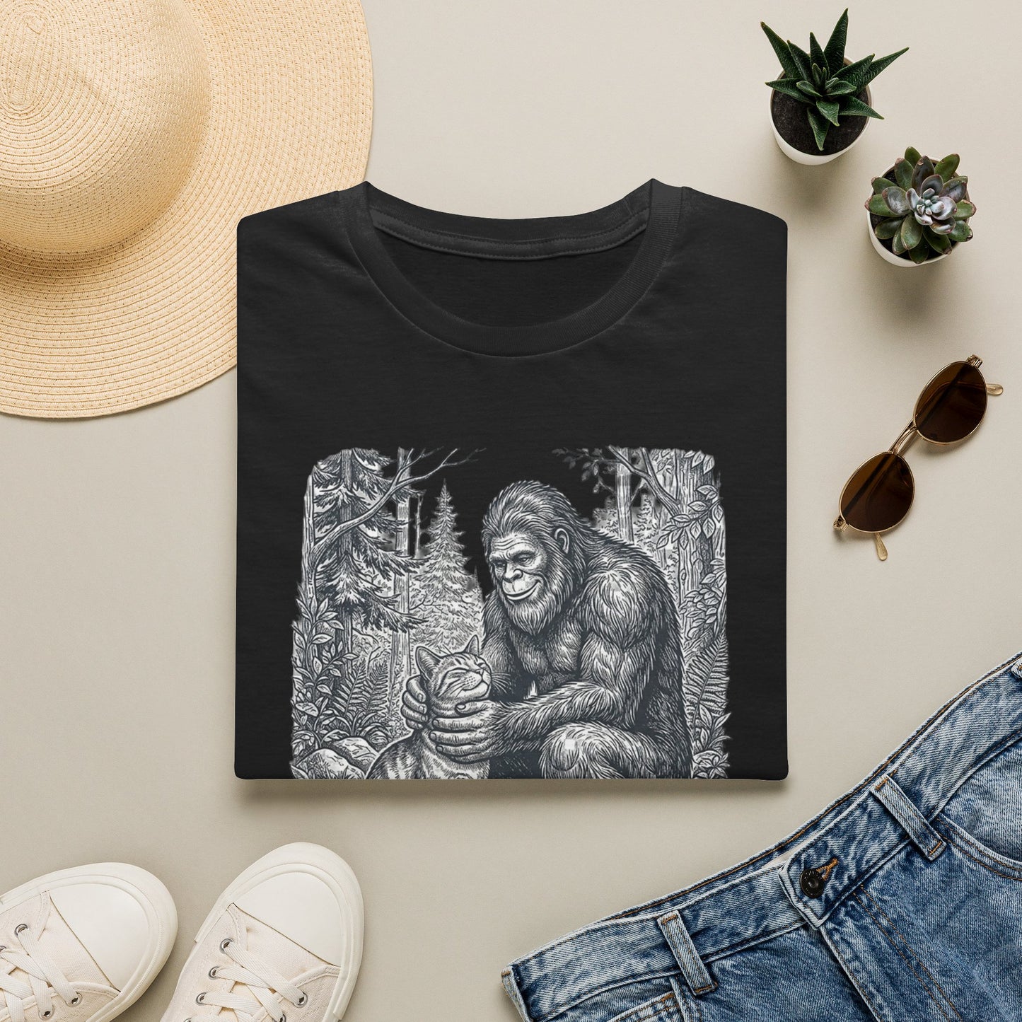Bigfoot & Cat T-Shirt — Vintage Sasquatch Forest Illustration