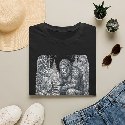 Bigfoot & Cat T-Shirt — Vintage Sasquatch Forest Illustration