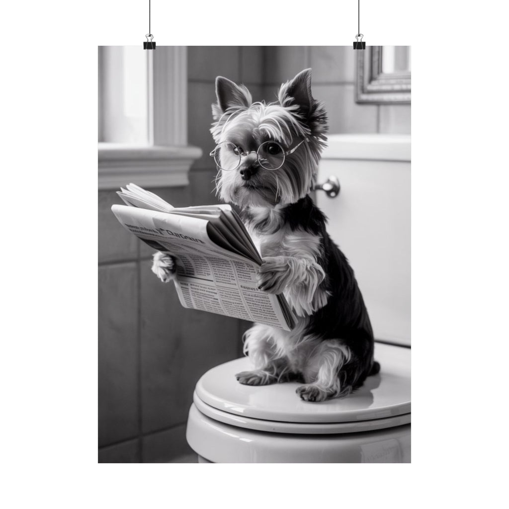 Funny Yorkie Reading Newspaper Poster — Matte Vertical Dog Wall Art