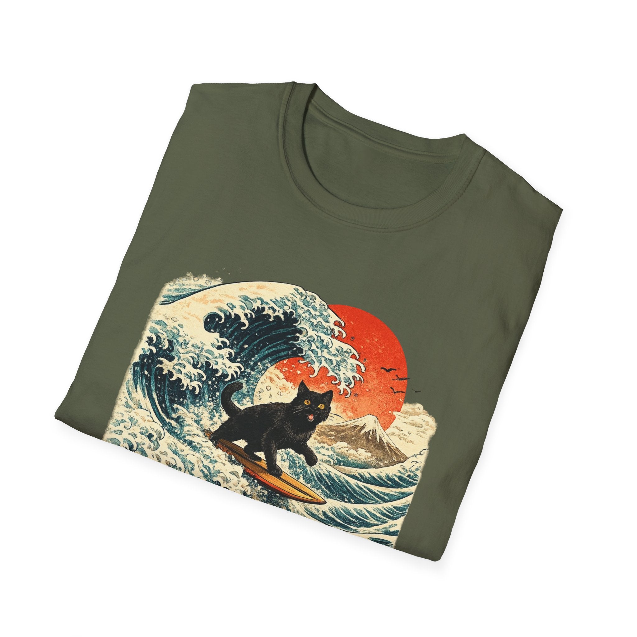 Camiseta Surfing Cat — Camiseta con gráfico de atardecer estilo japonés con olas retro
