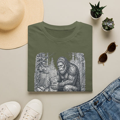 Bigfoot & Cat T-Shirt — Vintage Sasquatch Forest Illustration