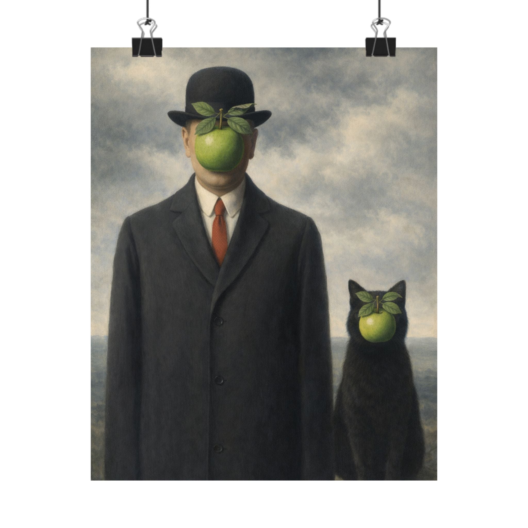 Digital download Surreal Apple-Faced Man & Cat Matte Poster — Vintage René Magritte Style Art Print