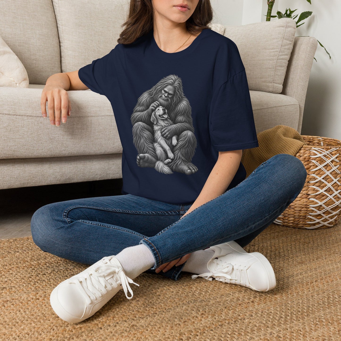 Bigfoot & Puppy Tee — Gentle Sasquatch Holding Dog Graphic T-Shirt